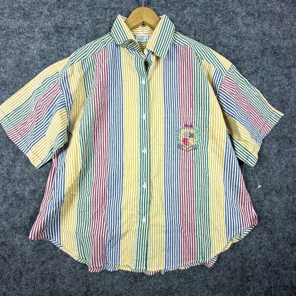 Vintage Earth Angels Shirt Womens Small Petite‎ Rainbow Striped Button Up